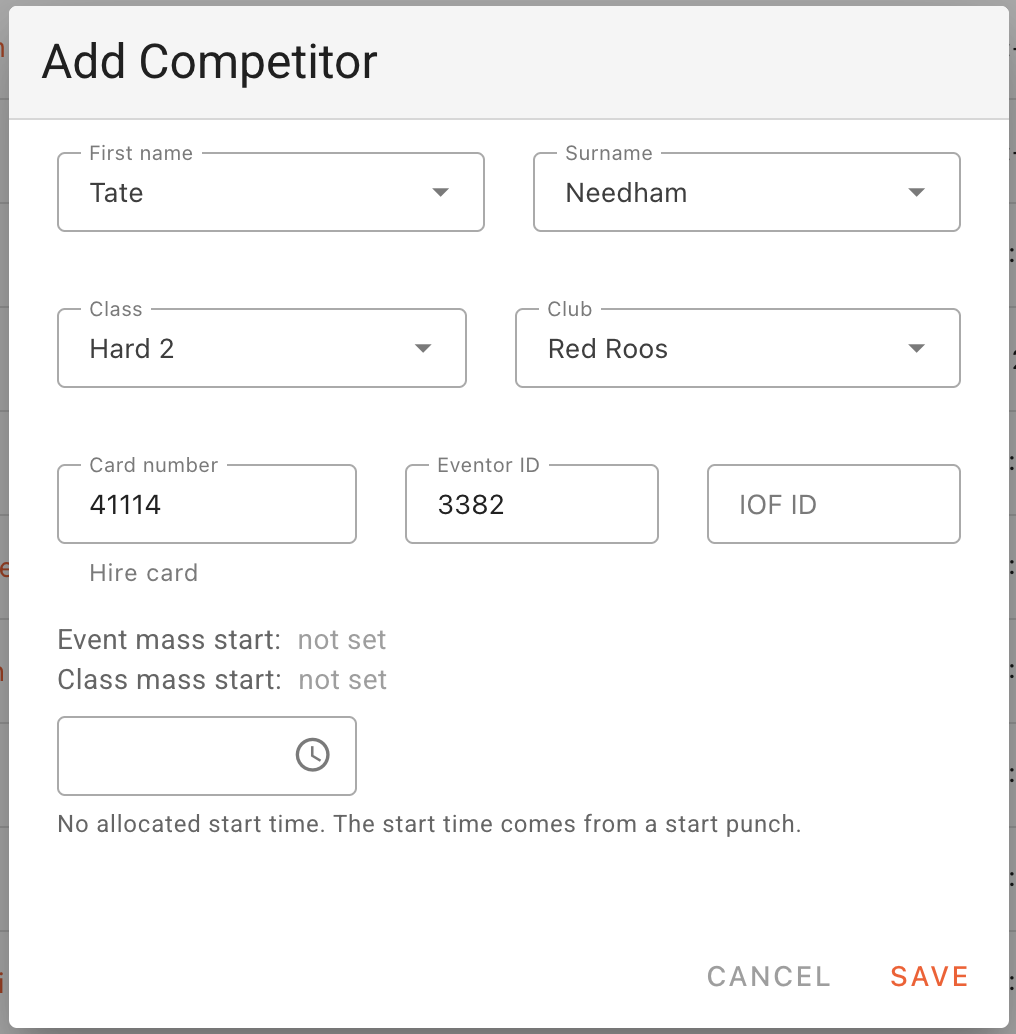 The Add Competitor dialog with the Card number field set to 41114 and a small "Hire card" caption directly beneath it, showing Manager has recognised the number as one from the pool.