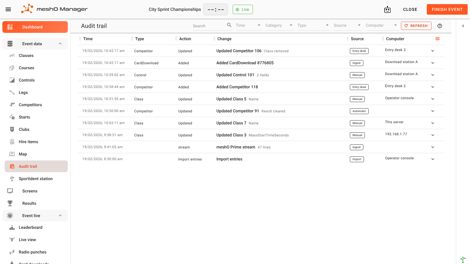 The Audit trail screen, listing changes with their time, type, action, change, source and computer