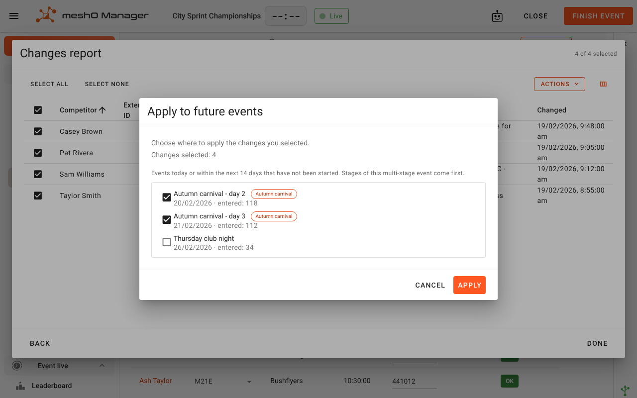 Apply to future events, listing two later days of the same carnival (ticked) and a Thursday club night (not ticked)