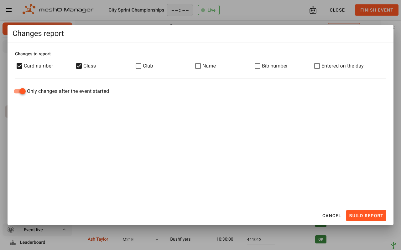 The first step of the Changes report: the changes to report, and the "Only changes after the event started" switch