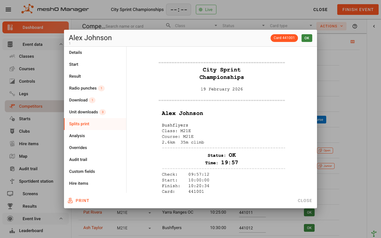 The Edit competitor dialog for Alex Johnson on the Splits print tab, showing a preview of the splits print — event name, competitor, status OK and time 19:57, timing lines — with a Print button at the bottom left.