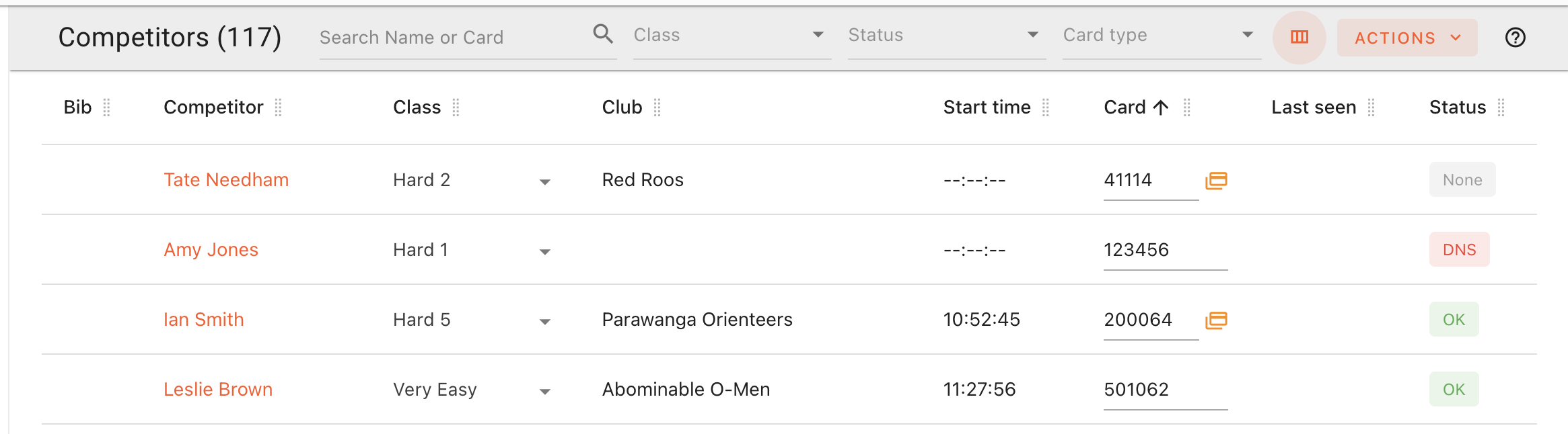 The Competitors list with a "Card type" filter in the toolbar; Tate Needham's row shows card 41114 with a hire-card icon next to the number.