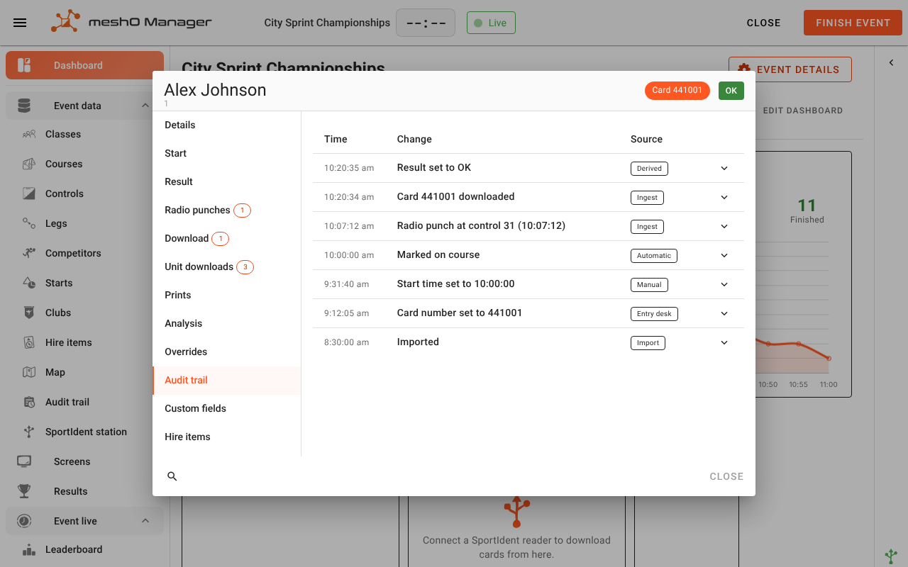 The Audit trail tab of Edit competitor for Alex Johnson: imported, card number set at the entry desk, start time set, marked on course, a radio punch, the card downloaded and the result set to OK