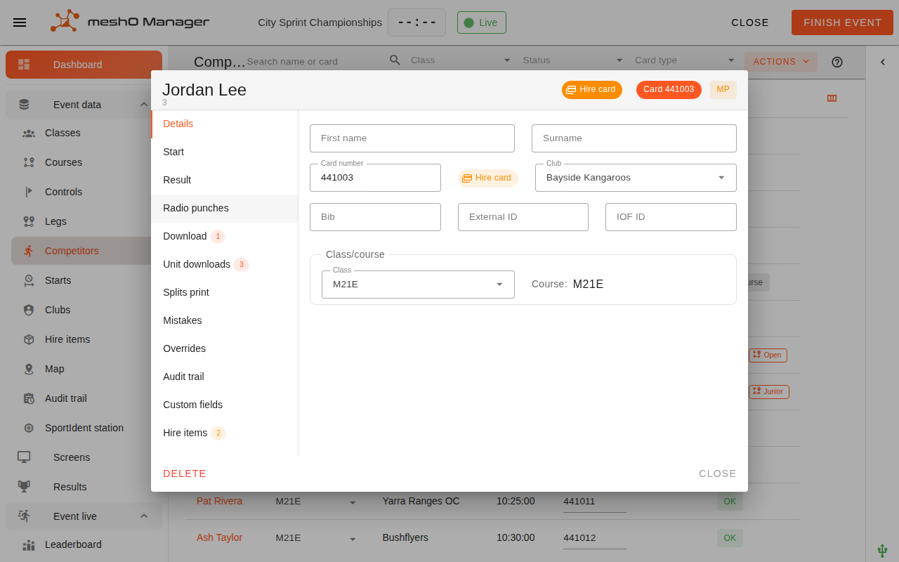 The Edit Competitor dialog: a "Hire card" chip in the header beside the card chip, and a "Hire card" chip next to the Card number field.
