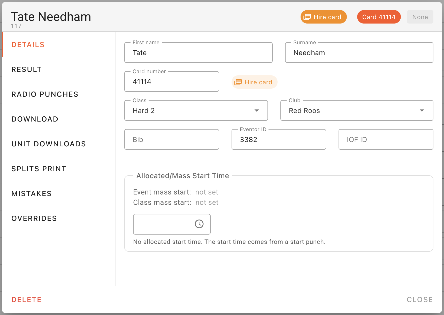 The Edit Competitor dialog for Tate Needham: a "Hire card" chip in the header beside the "Card 41114" chip, and a "Hire card" chip next to the Card number field.