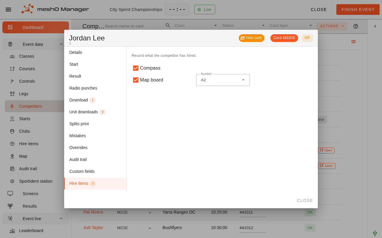 The Edit Competitor dialog on its Hire items tab, headed "Record what the competitor has hired": Compass ticked, and Map board ticked with a Number of A2.