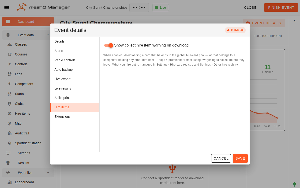 The Event details dialog on its Hire items tab, showing the "Show collect hire item warning on download" switch and the explanation beneath it.