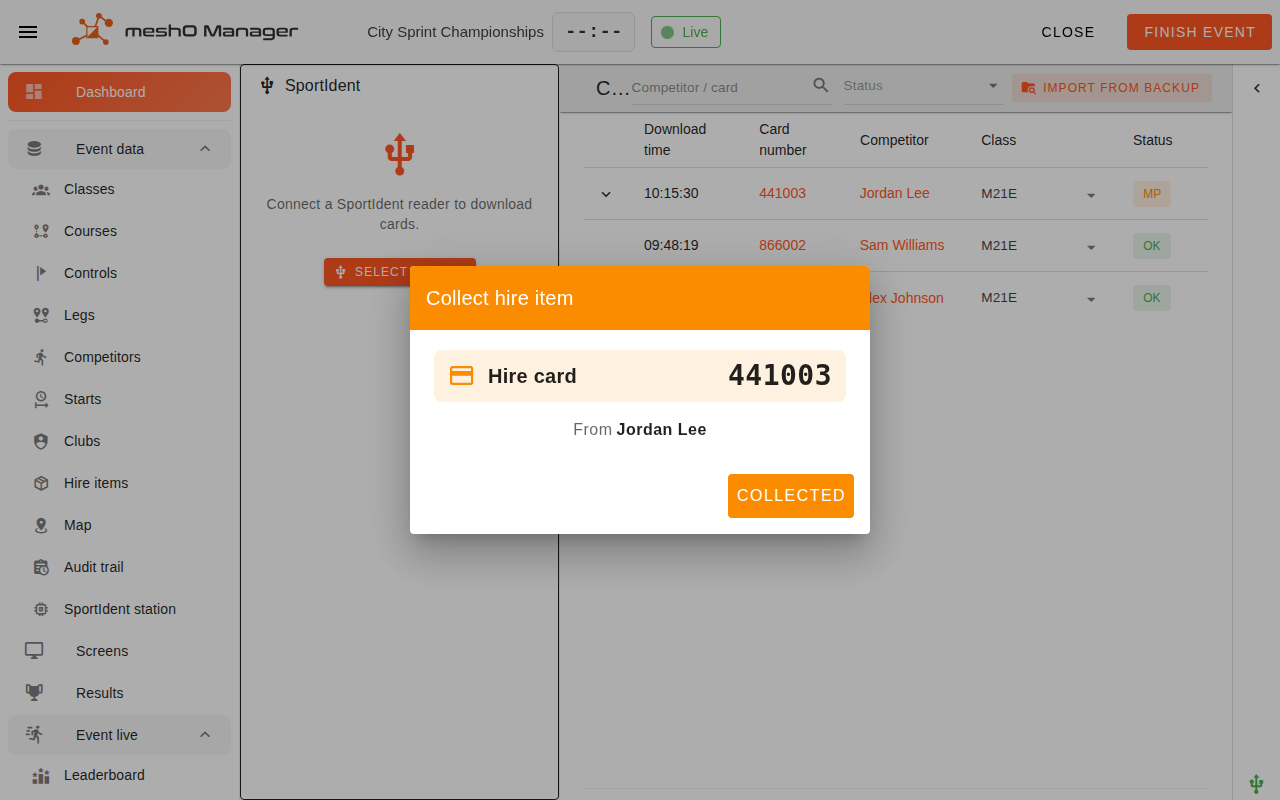 The collect prompt over the Download Card screen showing one row, "Hire card" with the card number beside it, "From Jordan Lee", and a Collected button.