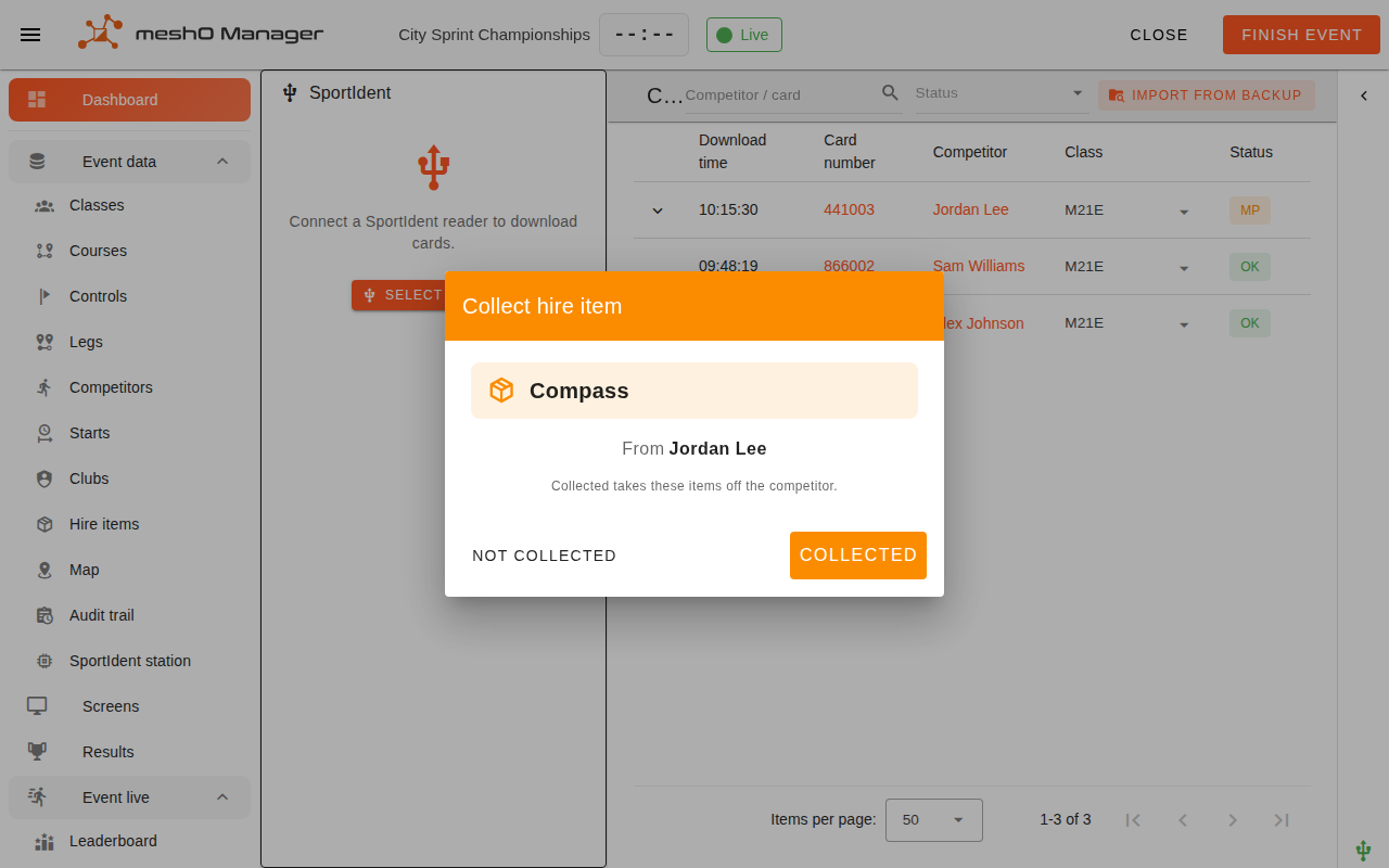 The collect prompt listing a single Compass row for a competitor running on their own card.
