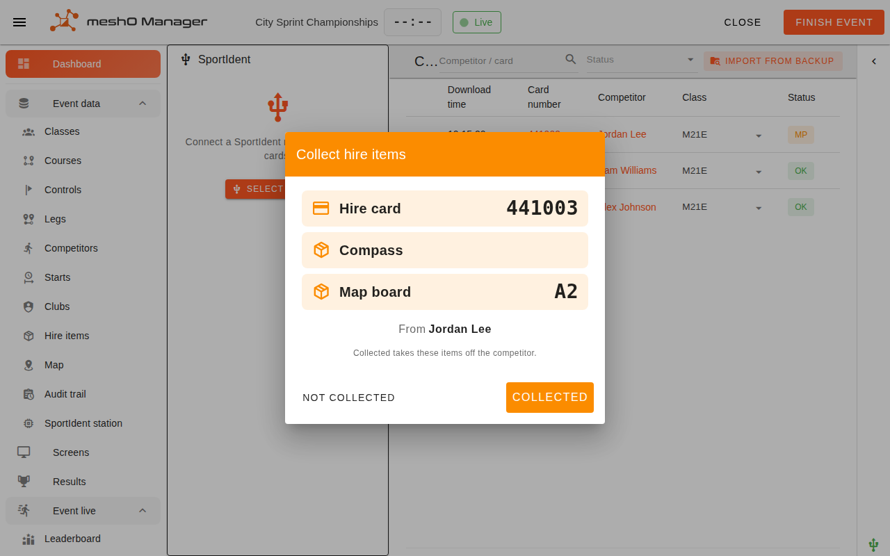 The collect prompt listing three rows — Hire card with its number, Compass, and Map board A2 — under a "From Jordan Lee" line, with Not collected and Collected buttons.