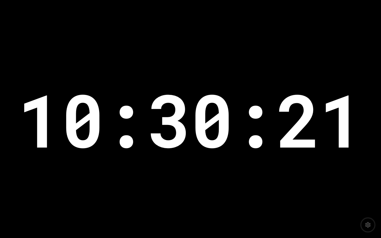 A full-screen dark start clock reading 10:30:13 in large white digits on black, filling the display.