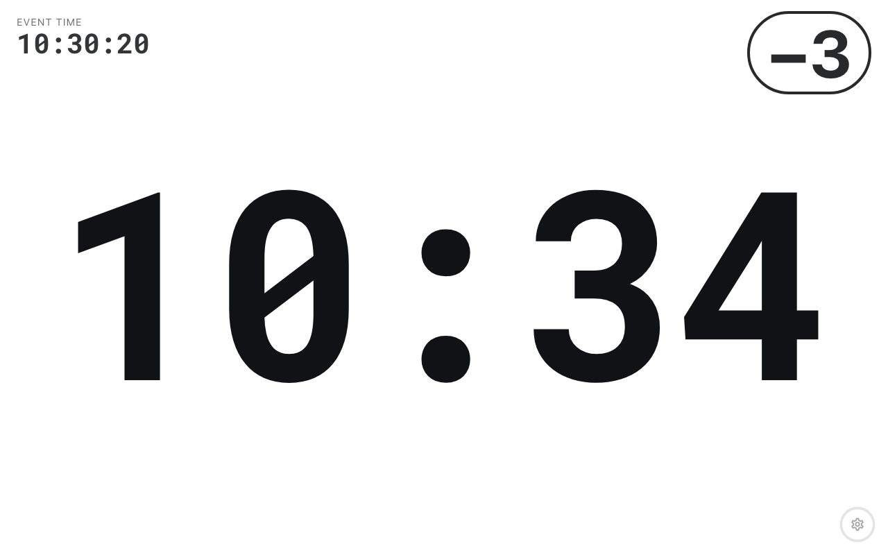 A light pre-start clock reading 10:34 in black on white, "EVENT TIME 10:30:13" small in the top-left corner and a large "−3" badge in the top-right.