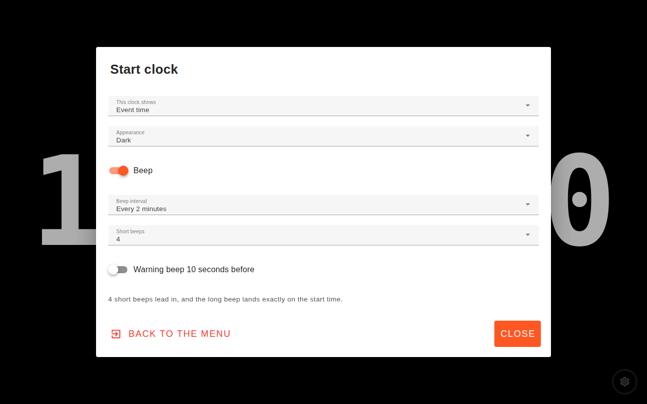 The Start clock settings page: a Preview panel above showing a dark clock reading 09:16:39, then "This clock shows" with Event time selected among the pre-start options, "Appearance — Dark", a Beep row reading On and "Beep interval — Every 2 minutes", with Back and Show buttons across the foot.