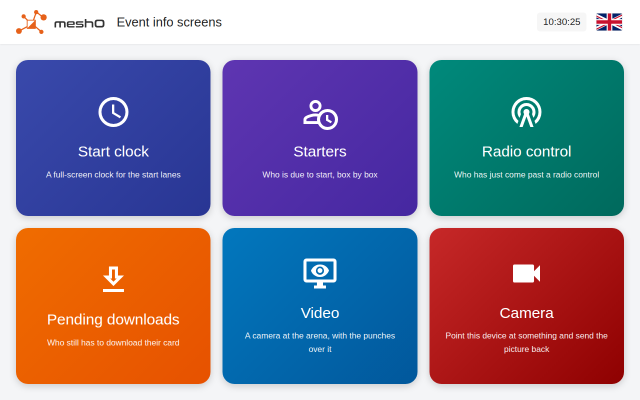 The Event info screens menu: six large tiles — Start clock, Starters, Radio control, Pending downloads, Video and Camera, each with a one-line subtitle — and the event clock in the top-right corner.