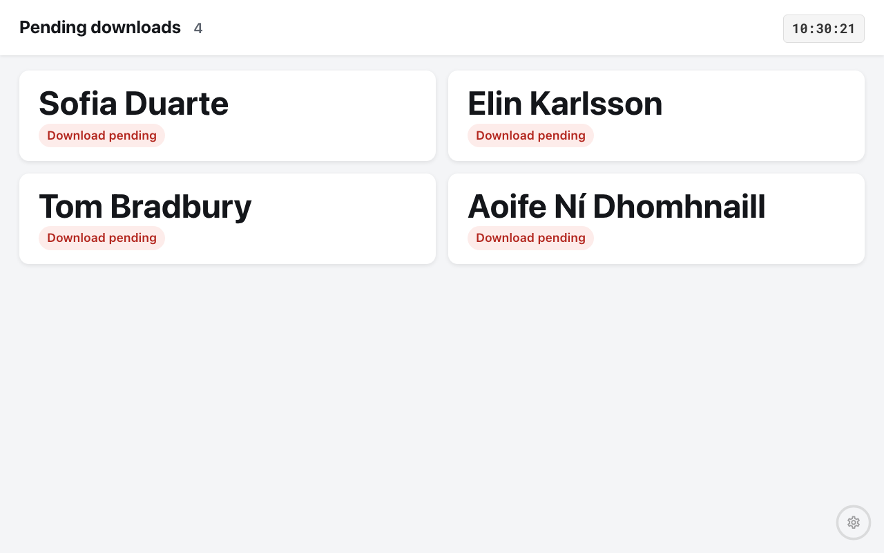 The Pending downloads screen headed "Pending downloads 4", with four large cards — Sofia Duarte, Elin Karlsson, Tom Bradbury and Aoife Ní Dhomhnaill — each carrying a red "Download pending" badge.