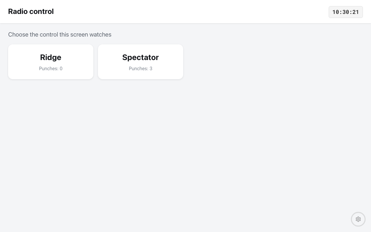 The Radio control settings page: "Choose the controls this screen watches" above two tiles — Ridge (Punches: 0) and Spectator (Punches: 3) — with Back and Watch buttons across the foot.