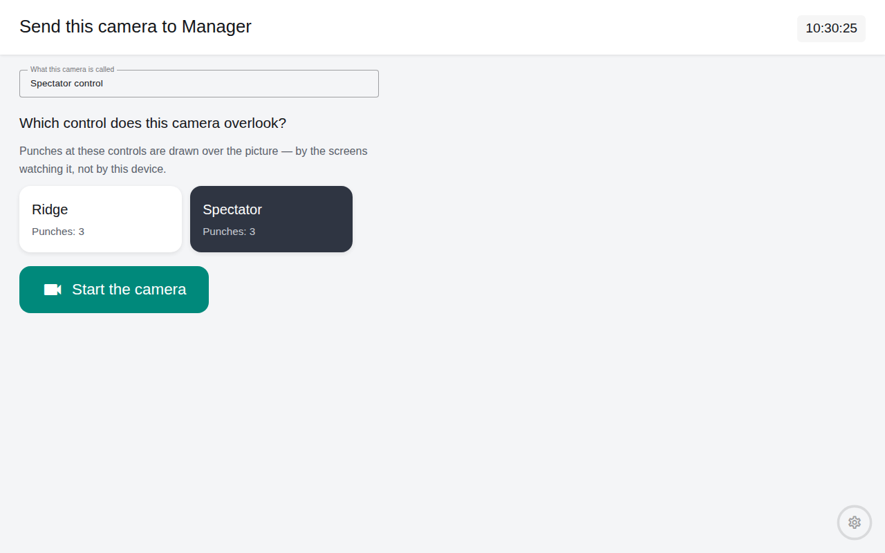 The Camera screen's settings: a field reading "What this camera is called" holding "Spectator control", the question "Which control does this camera overlook?" with two tiles — Ridge and Spectator, the second one selected — and Back / Start buttons across the foot.