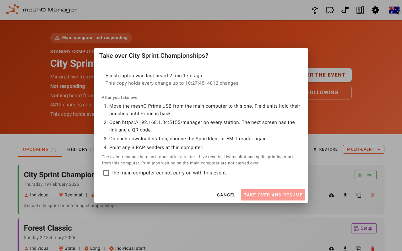 The Take over City Sprint Championships dialog: Finish laptop was last heard 2 min 17 s ago, the copy holds every change up to 10:27:45, four steps for after the takeover (move the meshO Prime USB, open the address on every station, choose the card reader again, point SIRAP senders here), and the checkbox The main computer cannot carry on with this event above Take over and resume.