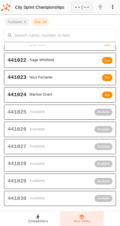 The same screen scrolled down to the card box: a row per hire card, the ones that are out showing the holder's name and an Out chip, the rest greyed with an Available chip.
