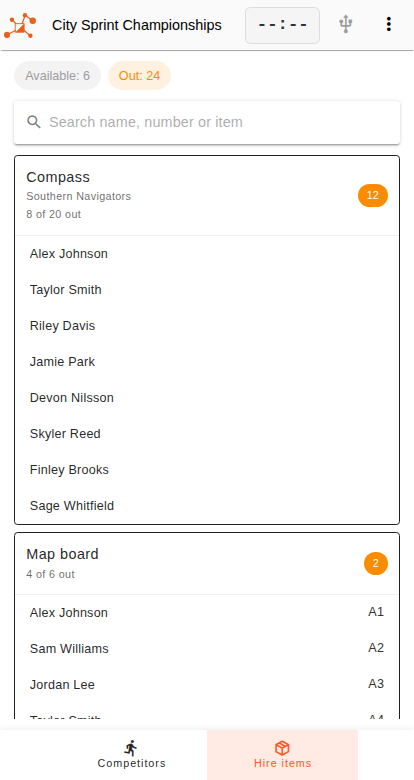 The registration desk's Hire items screen on a tablet-width window: Available and Out chips and a search box pinned at the top, then a Compass summary owned by Southern Navigators reading "8 of 20 out" with the eight holders listed under it, and a Map board summary reading "4 of 6 out" with each holder's board number.