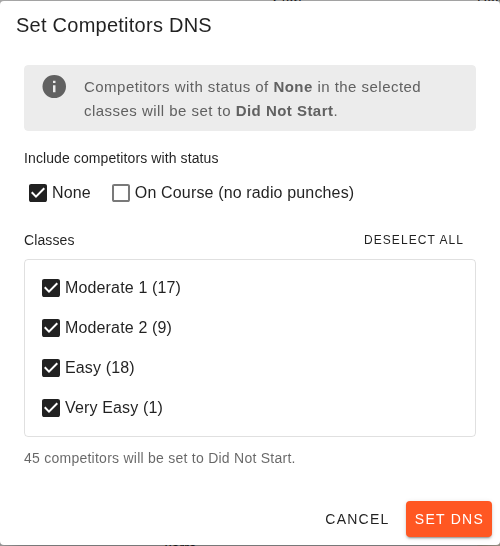 The Set Competitors DNS dialog: status checkboxes (None ticked, On Course unticked), a list of classes each with a count of matching competitors, and a total of how many will be set to Did Not Start.