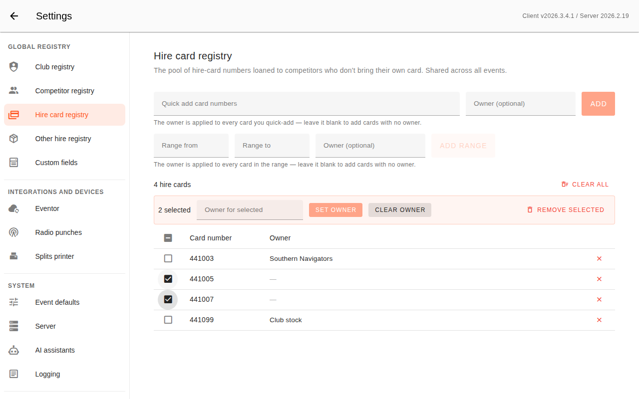 The hire-card registry with two rows ticked and a bar above the table reading "2 selected", with an "Owner for selected" field and Set owner, Clear owner and Remove selected buttons.