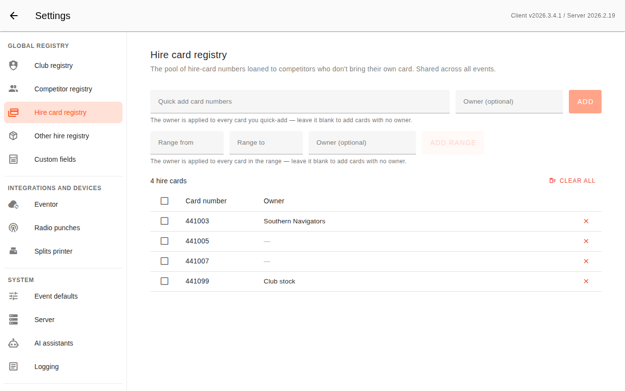 The Settings → Hire card registry screen: a "Quick add card numbers" field with an Add button, "Range from" and "Range to" fields with an Add range button, a count of the pool alongside Clear all, and the cards listed below with an Owner column and a remove × on each row.