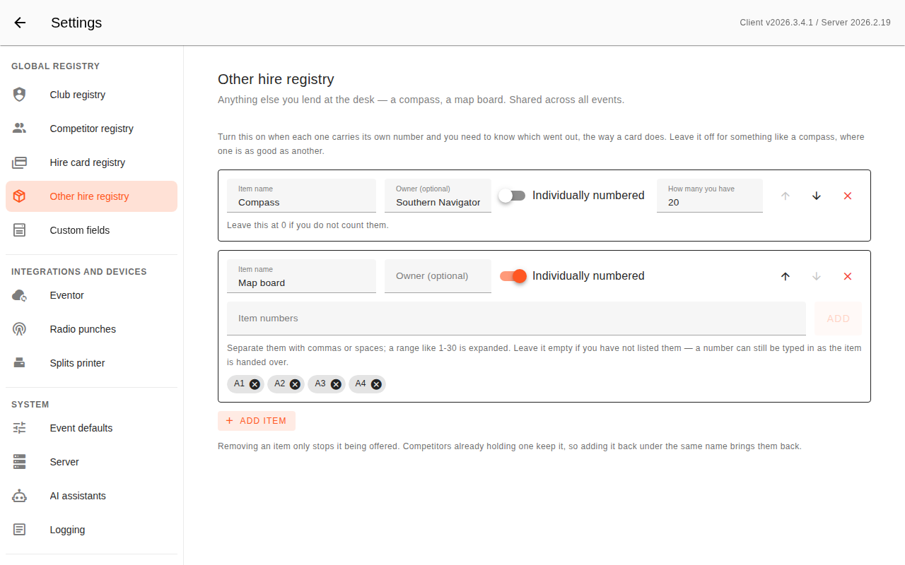 The Settings → Other hire registry screen: a Compass row owned by Southern Navigators with "Individually numbered" off and "How many you have" set to 20, and a Map board row with it on, an "Item numbers" field, and chips A1, A2, A3, A4.