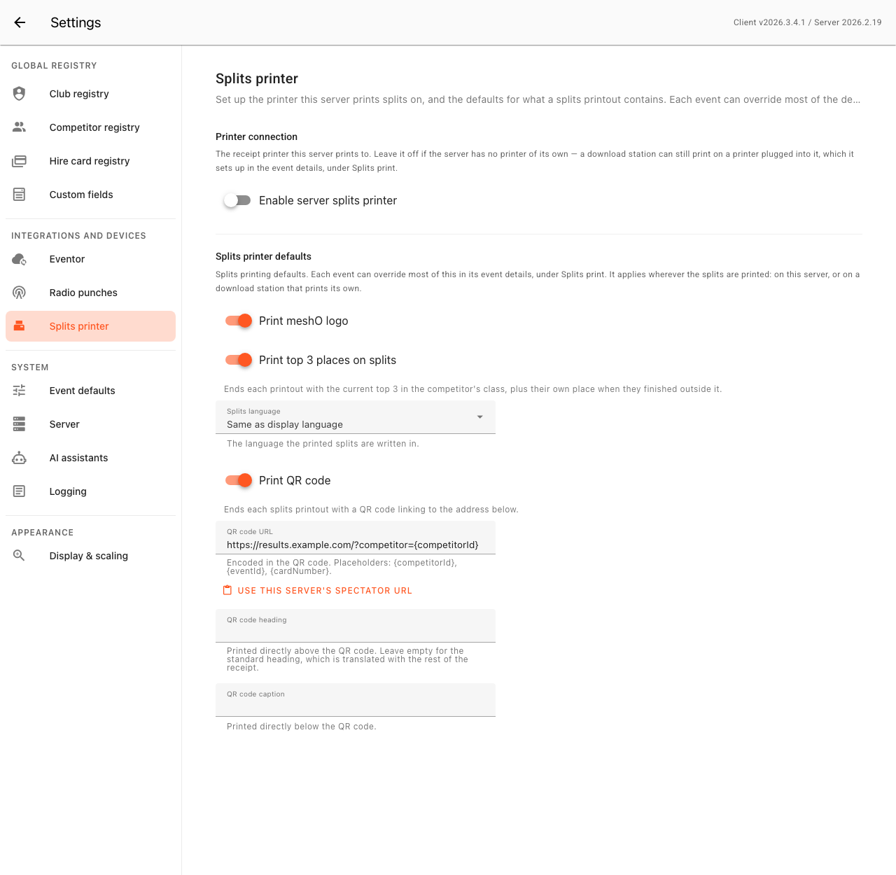 Settings → Splits printer with the server printer switched off: only the Enable switch remains in the Printer connection section, while the Splits printer defaults below stay fully available.