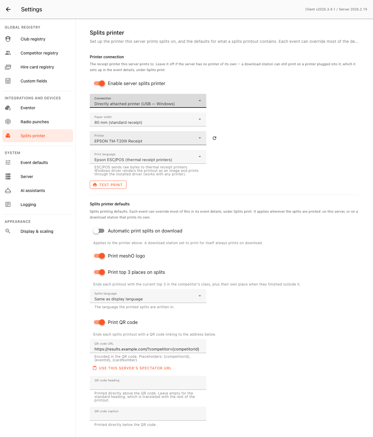 Settings → Splits printer with Connection set to "Directly attached printer (USB — Windows)": a Printer dropdown showing an EPSON TM-T20III with a refresh button, and a Print language dropdown set to Epson ESC/POS.