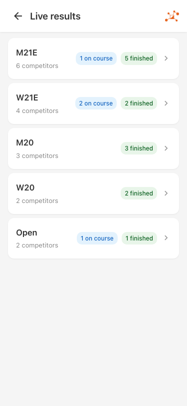 The spectator live-results class list on a phone: each class card shows a competitor count and badges reading "1 on course" and "5 finished".